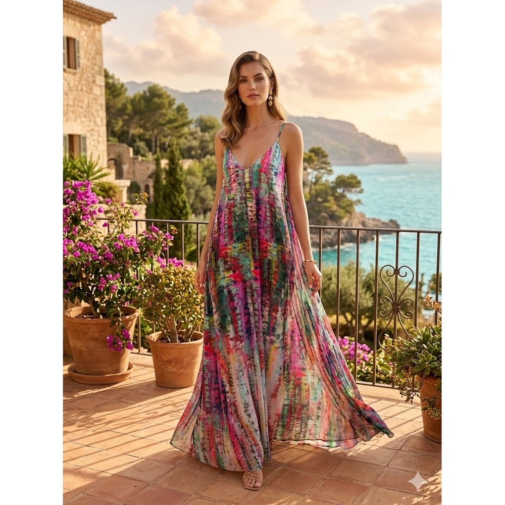 Nicole Miller New York Abstract Print Maxi Dress Multi L Spandex Lined Racerback